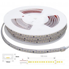 Tira LED 230V monocolor 15W/mt 120L/mt. SMD 2835 IP67 12x6mm corte cada 100mm, rollo 5mts x 7,20€/m